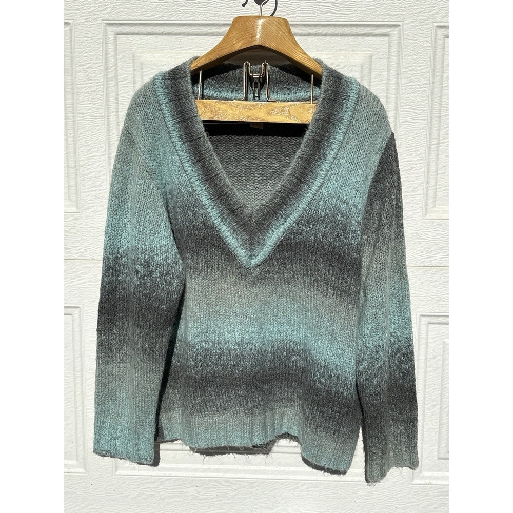 Woolrich Blue & Gray Gradient Knit V Neck Wool Blend Boxy Fit Sweater Womens XL